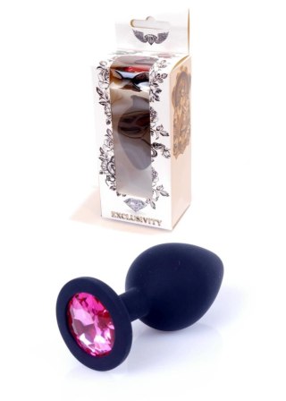 Korek analny silikonowy HeavyFun czarny z różowym diamentem 8 cm