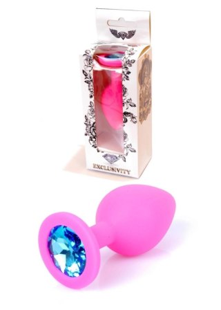 Silikonowy korek analny różowy HeavyFun z błękitnym diamentem 8 cm