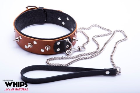 Skórzana obroża męska Whips Collection koniakowa ze smyczą