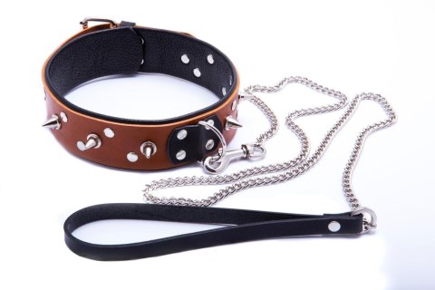 Skórzana obroża męska Whips Collection koniakowa ze smyczą