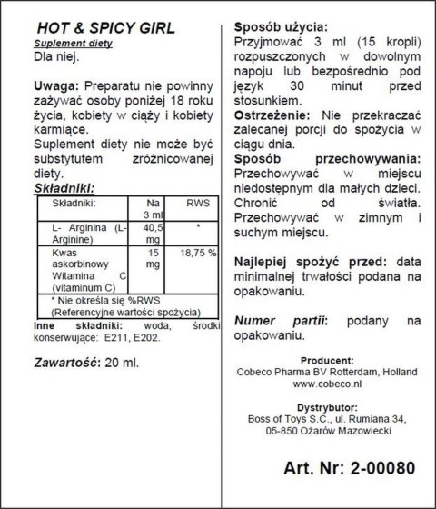 Afrodyzjaki stymulujące Hot Spicy Girl dla kobiet 20ml
