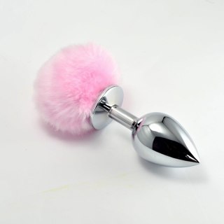 Duży srebrny korek analny z różowym pomponem 8 cm Lovetoy