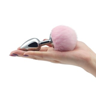 Srebrny korek analny Lovetoy z różowym pomponem 8 cm