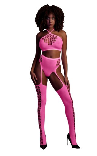 Neonowy komplet Ouch! crop top i pończochy różowy XS/XL