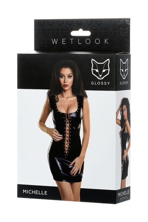 Błyszcząca sukienka wetlook z ćwiekami i sznurowaniem Glossy czarna S