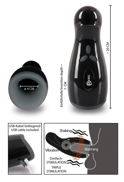 Masturbator Rebel z 3 funkcjami wibracji i ogrzewania 20 cm USB