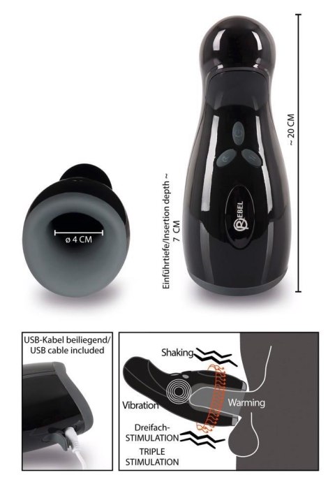 Masturbator Rebel z 3 funkcjami wibracji i ogrzewania 20 cm USB