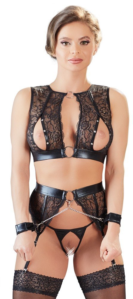 Zestaw top bondage Cottelli wet look z kajdankami M