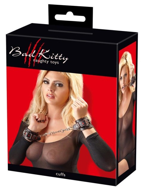 Kajdanki erotyczne Bad Kitty czarne z czerwonymi serduszkami
