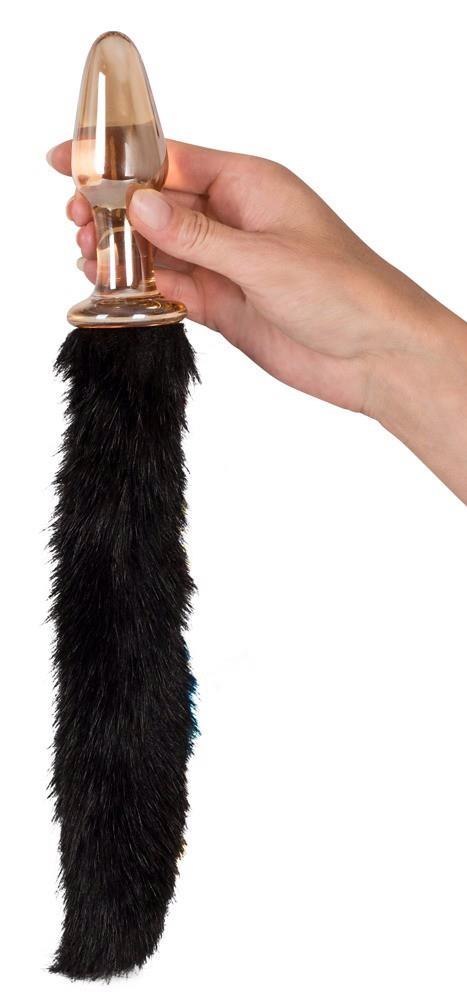 Szklany korek analny z czarnym ogonem You2Toys złoty 12 cm