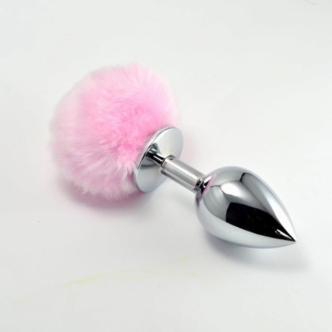 Srebrny korek analny Lovetoy z różowym pomponem 8 cm
