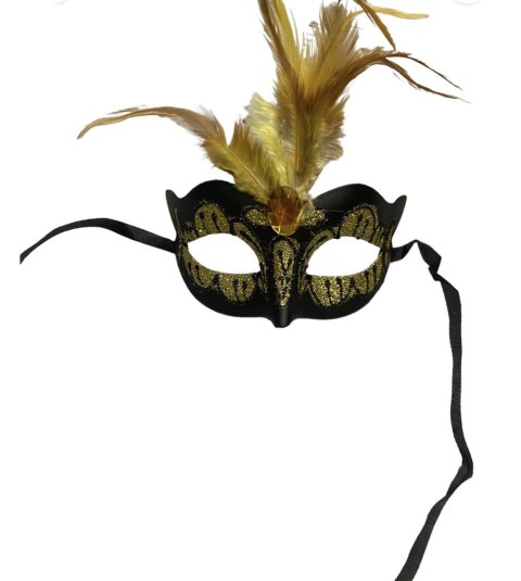Maska wenecka Kinky Mask żółta z kamieniem i piórkiem
