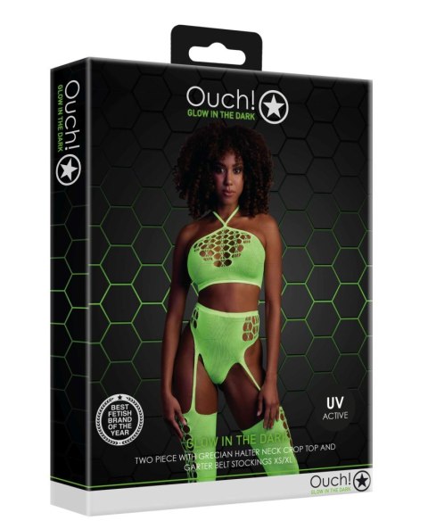 Komplet bielizny Ouch! neonowy zielony crop top pończochy XS/XL