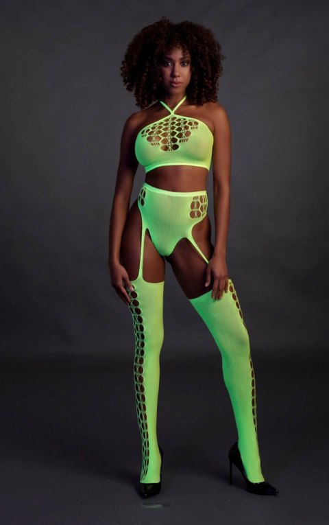 Komplet bielizny Ouch! neonowy zielony crop top pończochy XS/XL