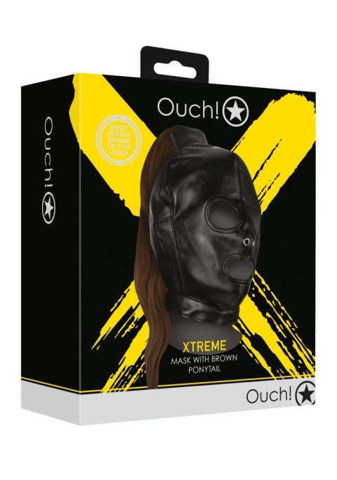 Maska BDSM z brązowym kucykiem 55 cm Ouch! czarna