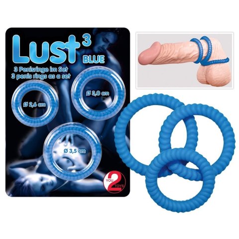 Pierścienie erekcyjne Lust 3 rowkowane silikonowe niebieskie You2Toys