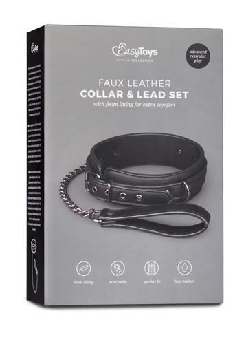 Obroża ze smyczą EasyToys czarna regulowana ze skóry ekologicznej